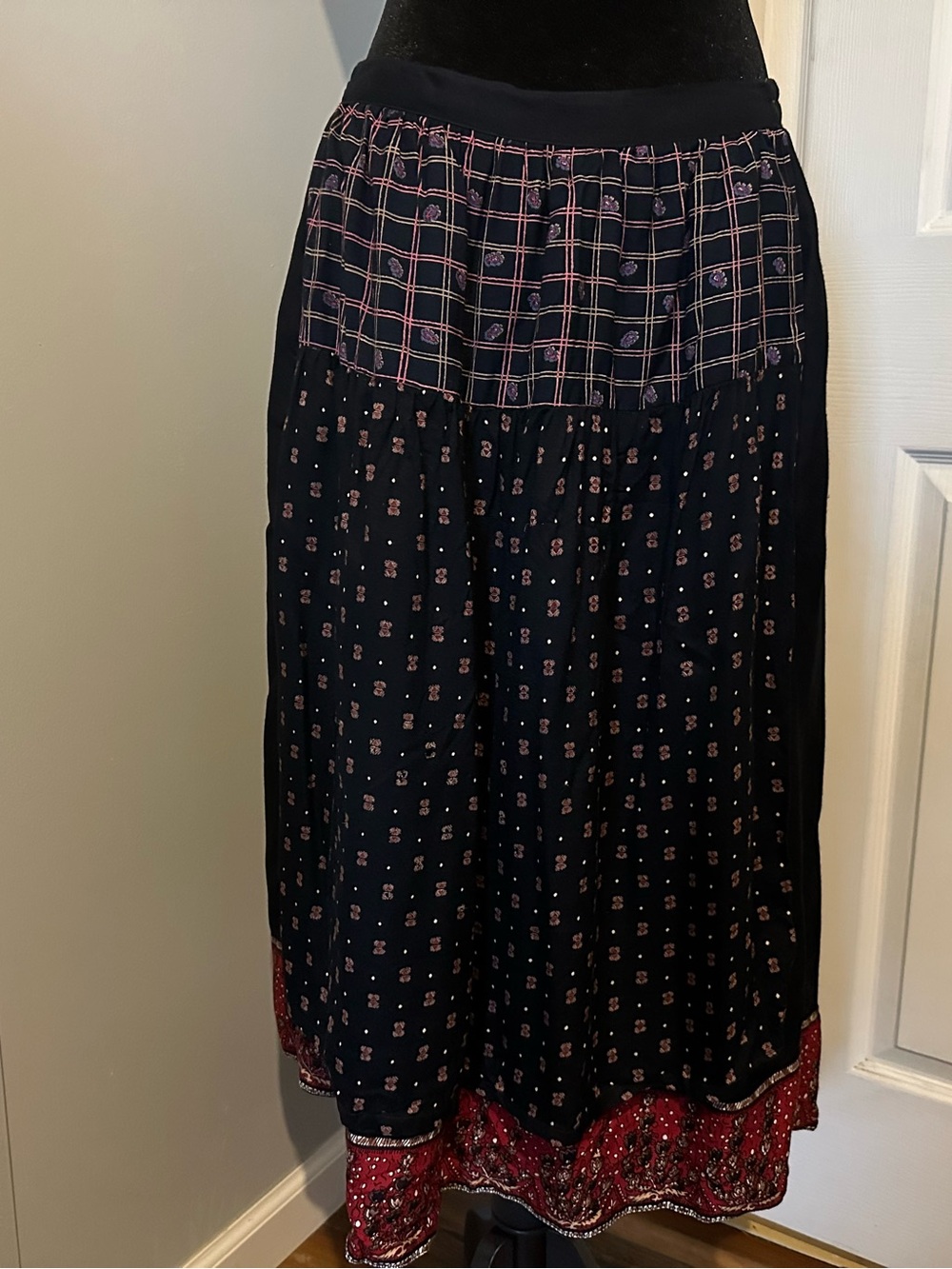 Bohemian Black Tiered Maxi Skirt with Red Hem